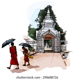 Buddhist Monks in Laos - Vector illustration