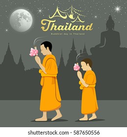 Buddhist monks and novices The Buddhism at night in Thailand. vector illustration