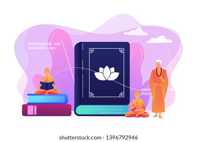Buddhist monks in orange robes meditating and reading, tiny people. Zen Buddhism, Buddhism place of worship, buddhist holy book concept. Bright vibrant violet vector isolated illustration