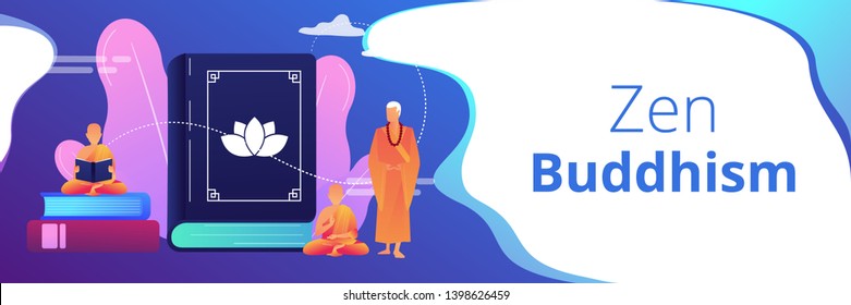 Buddhist monks in orange robes meditating and reading, tiny people. Zen Buddhism, Buddhism place of worship, buddhist holy book concept. Header or footer banner template with copy space.