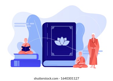 Buddhist monks in orange robes meditating and reading, tiny people. Zen Buddhism, Buddhism place of worship, buddhist holy book concept. Pinkish coral bluevector isolated illustration