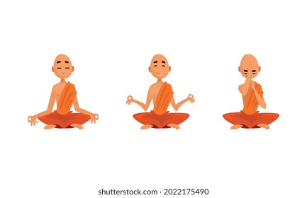 Buddhist Monks in Orange Robes Set, Thai Monks Meditating Cartoon Vector Illustration