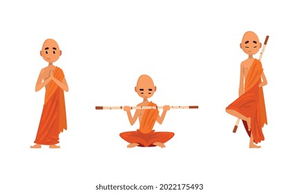 Buddhist Monks in Orange Robes Set, Thai Monks Meditating and Praying Cartoon Vector Illustration