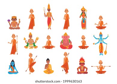 Buddhist Monks in Orange Robes Sitting in Meditation Set Vector Illustration