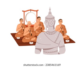 Buddhist monks praying to Buddha statue in holy religious temple. Prayers, mantras to Lord, Deity symbol. Buddhism religion concept. Flat graphic vector illustration isolated on white background