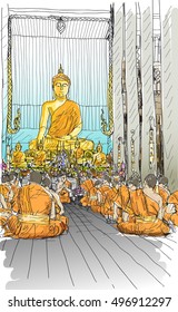 buddhist monks praying at temple in Chiangmai, Thailand, sketch free hand draw vector illustration