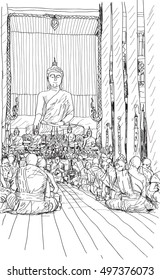 buddhist monks praying at temple in Chiangmai, Thailand, sketch free hand draw vector illustration