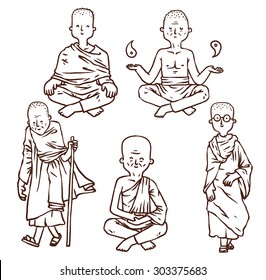 Buddhist Monks set, line art, vector