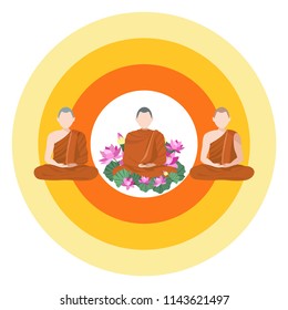 Buddhist monks sitting in meditation decorate with pink lotus,vector