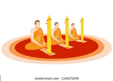 Buddhist monks sitting meditation front of large yellow candle in the buddhist lent day