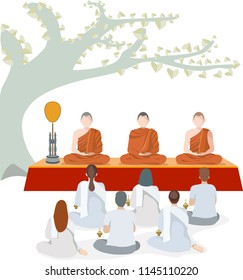 Buddhist monks sitting in meditation with people under big tree