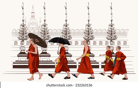 Buddhist monks walking in a temple - vector illustration