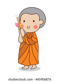 Buddhist novice walking with lighted candles in hand around a temple to pay respect to the Triple Refuges isolated on white background.