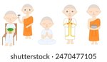 Buddhist ordination ceremony.Thai ordain.Buddhism religion and culture.Buddha.Happy Vesak Day Budha Purnima.Makha bucha day.Monk character and temple.Priest thailand.Cartoon vector illustration.