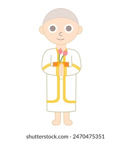 Buddhist ordination ceremony.Thai ordain.Buddhism religion and culture.Buddha.Happy Vesak Day Budha Purnima.Makha bucha day.Monk character and temple.Priest thailand.Cartoon vector illustration.