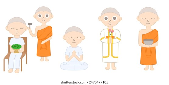 Buddhist ordination ceremony.Thai ordain.Buddhism religion and culture.Buddha.Happy Vesak Day Budha Purnima.Makha bucha day.Monk character and temple.Priest thailand.Cartoon vector illustration.