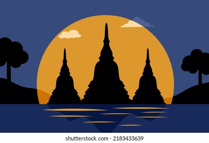 Buddhist pagoda temple at the river sunset vector illustration.