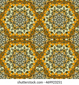 Buddhist philosophy, mandala cute colored yellow seamless pattern on the background. Yoga asanas and meditation Indian knowledge and Asian decorative painting.