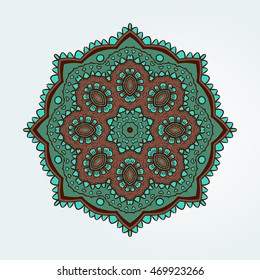 Buddhist philosophy, mandala green colored Lotus pattern on the background. Yoga asanas and meditation Indian knowledge and Asian decorative painting.