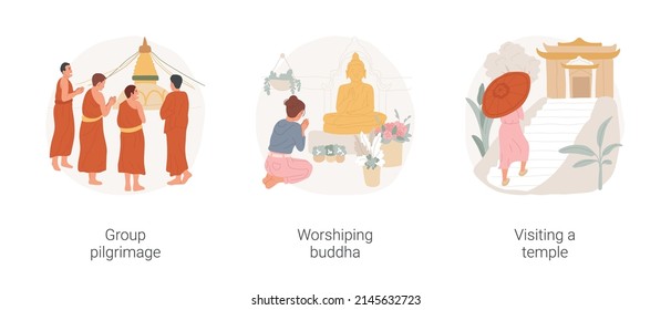 Buddhist pilgrimage isolated cartoon vector illustration set. Group of happy Buddhist people making pilgrimage together, worshiping Buddha, tourist visiting a temple, holy place vector cartoon.