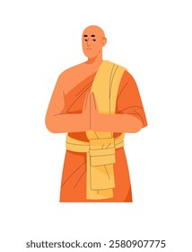 Buddhist prays, meditates during spiritual ritual. Monk of buddhism religion, belief. Religious person prayer, chinese clergy at sacred attire. Flat isolated vector illustration on white background