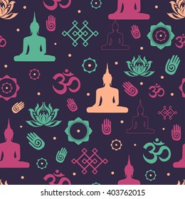 Buddhist religion symbols Vector Set. Oriental design seamless pattern background vector. Folk East art Elegant design. Abstract wallpaper with oriental ornamental flat lay sacred religious elements