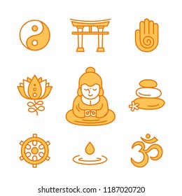 Buddhist religious sacred symbols color icon. Vector modern flat line style icon desgin.Isolated in white background. Esoteric, buddhism,thai,god, yoga, zen concept