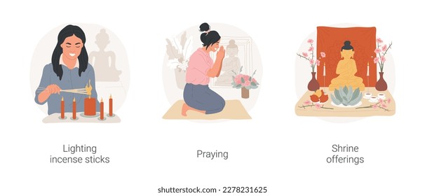 Buddhist rituals isolated cartoon vector illustration set. Lighting incense sticks in temple, religious woman praying, meditating and chanting, making shrine offerings vector cartoon.