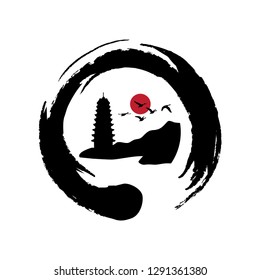Buddhist seashore temple inside zen symbol, vector