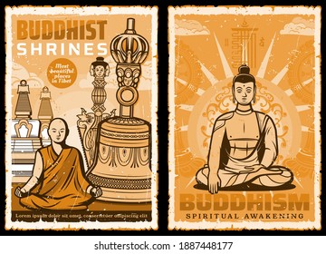 Buddhist shrines. Vector posters with Buddha and Tibet monk meditate sitting in lotus yoga pose on background with stupa and bell. Buddhism asian religion spiritual culture or tradition attributes