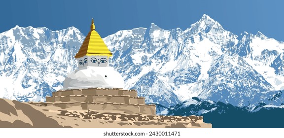 Buddhist stupa or chorten in himalayas mountains, buddhism in Khumbu valley under mount Everest, Nepal