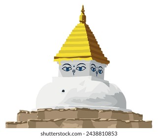 Buddhist stupa or chorten isolated on white sky background, Buddhism in Nepal, made according to stupa near Dingboche village, Khumbu valley near mount Everest