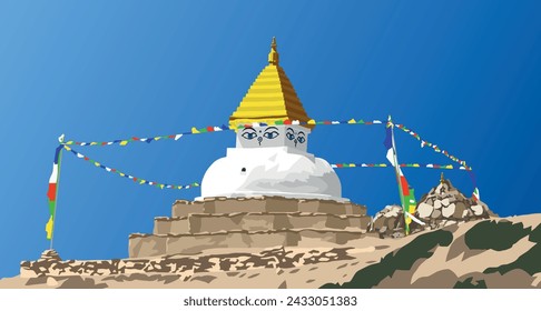 Estupa budista o corten con banderas de oración aisladas en el fondo del cielo azul, budismo en Nepal, hecho según la estupa cerca de la aldea de Dingboche, valle de Khumbu cerca del monte Everest