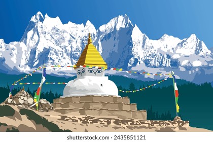 Buddhist stupa or chorten, way to Mt Everest base camp, himalayas mountains, buddhism in Khumbu valley under mount Everest, Nepal