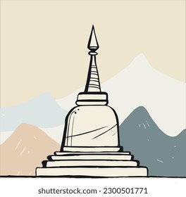 Diseño de Stupa Budista con fondo de montaña, ilustración dibujada a mano, boceto vectorial, estilo lineal