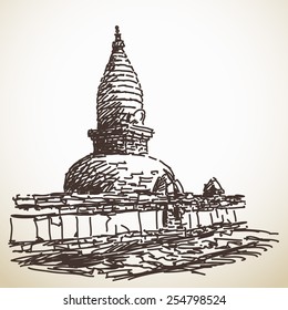 Buddhist stupa, Hand drawn illustration, Vector sketch