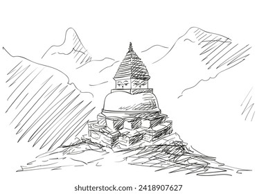Buddhist stupa in the Himalayas, hand drawn vector illustration, religious sacred symbol of Buddhism in the mountains, freehand sketch