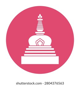 Buddhist stupa monument architecture symbol, pink circle background, white illustration