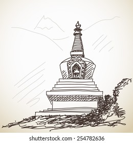 Buddhist stupa in mountain, Hand drawn illustration, Vector sketch