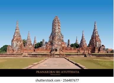 The Buddhist stupas. Temple viewed from entrance in Ayutthaya, Thailand at early-evening.vector