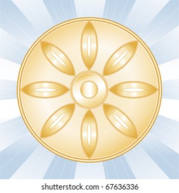 Buddhist Symbol, Golden icon of the Buddhist faith. Lotus blossom, Wheel of Dharma on a sky blue background with rays. EPS8 compatible.