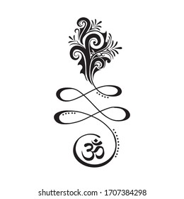 Símbolo budista de camino de vida con elementos decorativos florales y símbolo de OM, vector
