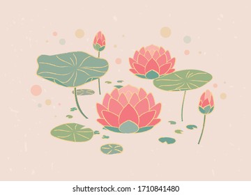 Buddhist symbol. Vintage lotus and lotus leaf illustration.