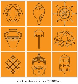 Buddhist symbolism, The 8 Auspicious Symbols of Buddhism, Right-coiled White Conch, Precious Umbrella, Victory Banner, Golden Fish, Dharma Wheel, Auspicious Drawing, Lotus Flower, Vase of Treasure.