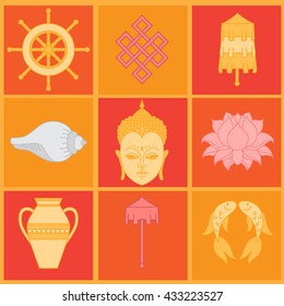 Buddhist symbolism, The 8 Auspicious Symbols of Buddhism, Right-coiled White Conch, Precious Umbrella, Victory Banner, Golden Fish, Dharma Wheel, Auspicious Drawing, Lotus Flower, Vase of Treasure