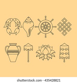 Buddhist symbolism, The 8 Auspicious Symbols of Buddhism, Right-coiled White Conch, Precious Umbrella, Victory Banner, Golden Fish, Dharma Wheel, Auspicious Drawing, Lotus Flower, Vase of Treasure 