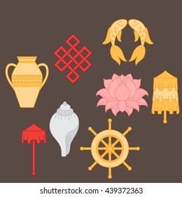 Buddhist symbolism, The 8 Auspicious Symbols of Buddhism, Right-coiled White Conch, Precious Umbrella, Victory Banner, Golden Fish, Dharma Wheel, Auspicious Drawing, Lotus Flower, Vase of Treasure