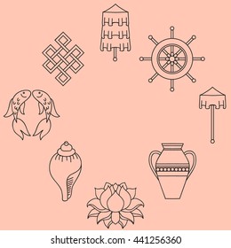 Buddhist symbolism, The 8 Auspicious Symbols of Buddhism, Right-coiled White Conch, Precious Umbrella, Victory Banner, Golden Fish, Dharma Wheel, Auspicious Drawing, Lotus Flower, Vase of Treasure