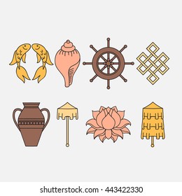 Buddhist symbolism, The 8 Auspicious Symbols of Buddhism, Right-coiled White Conch, Precious Umbrella, Victory Banner, Golden Fish, Dharma Wheel, Auspicious Drawing, Lotus Flower, Vase of Treasure