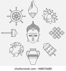 Buddhist symbolism, The 8 Auspicious Symbols of Buddhism, Right-coiled White Conch, Precious Umbrella, Victory Banner, Golden Fish, Dharma Wheel, Auspicious Drawing, Lotus Flower, Vase of Treasure. 